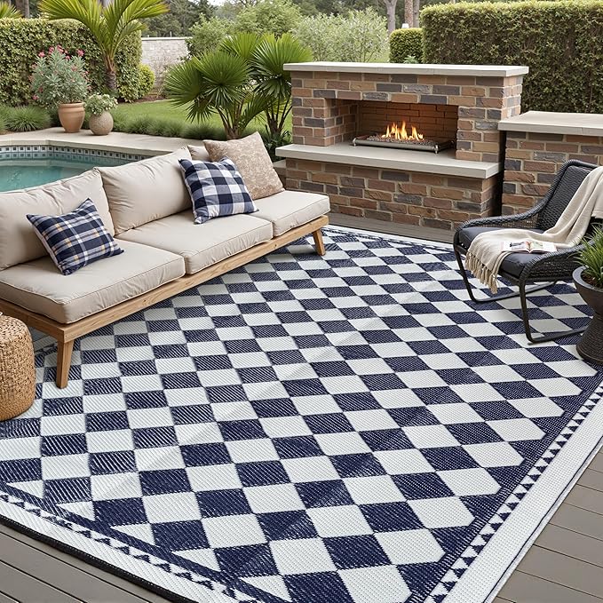 HUGEAR Outdoor Waterproof Rug 8'x10' Plastic Straw Rugs Washable Reversible Floor Mat Blue Plaid Carpet for Camping RV Deck Entryance Porch Picnic Balcony Beach Backyard