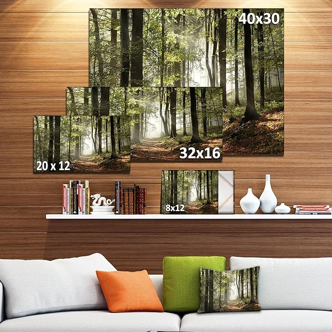 Green Fall Forest with Sun Rays – Oversized Canvas Wall Art – 40" x 20" Nature Landscape Print for Living Room, Bedroom, or Dining Room – Gallery Wrapped and Ready to Hang