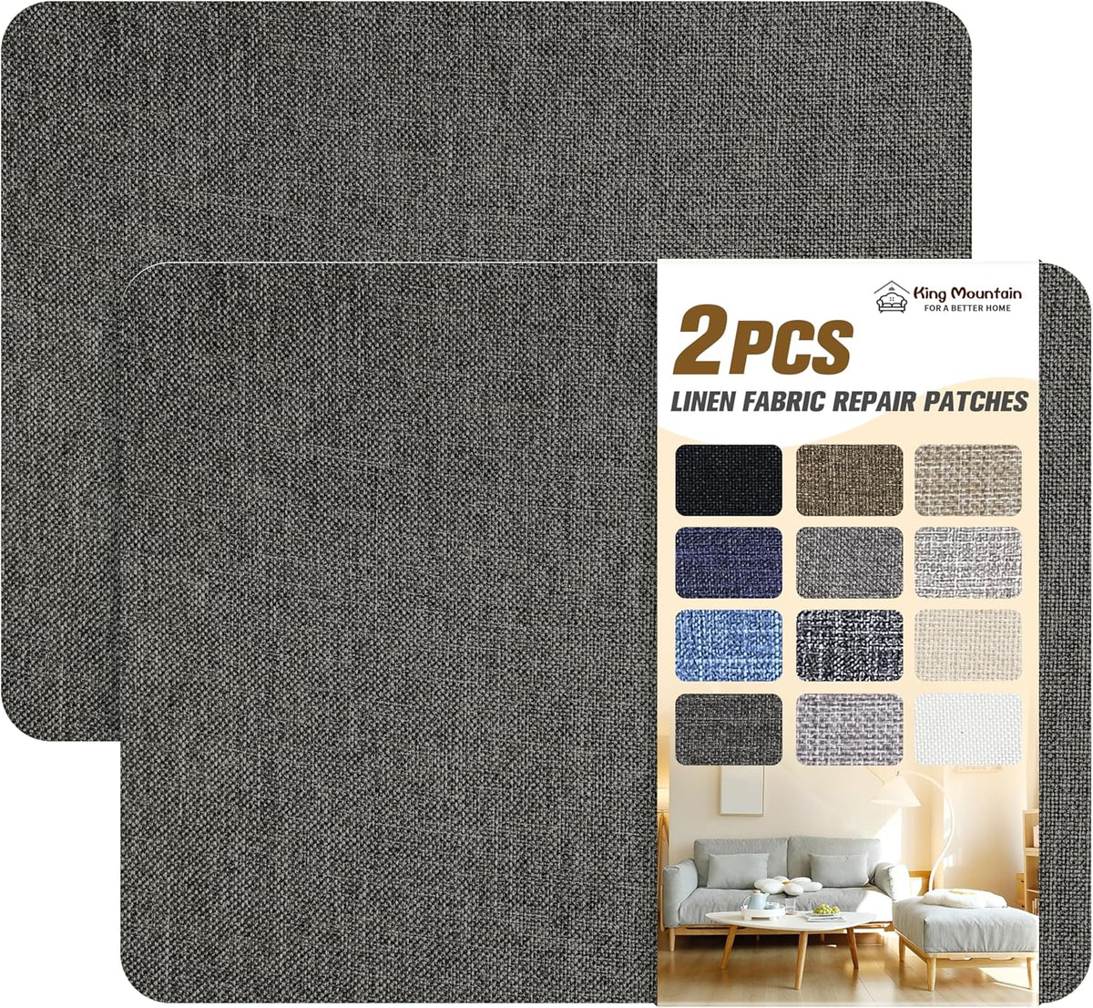 KING MOUNTAIN Fine Linen Repair Patches, Self-Adhesive Linen Fabric Patches, 8X11 inch 2 PCS, Multi Color, Can be Used for Linen Sofa Repair and Linen Clothes Repair(8" x 11"-2PCS,Dark Grey 2.0)