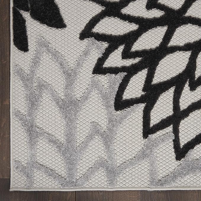 Nourison Aloha Indoor/Outdoor Black White 5'3" x 7'5" Area Rug, Tropical, Botanical, Easy Cleaning, Non Shedding, Bed Room, Living Room, Dining Room, Deck, Backyard, Patio (5x7)