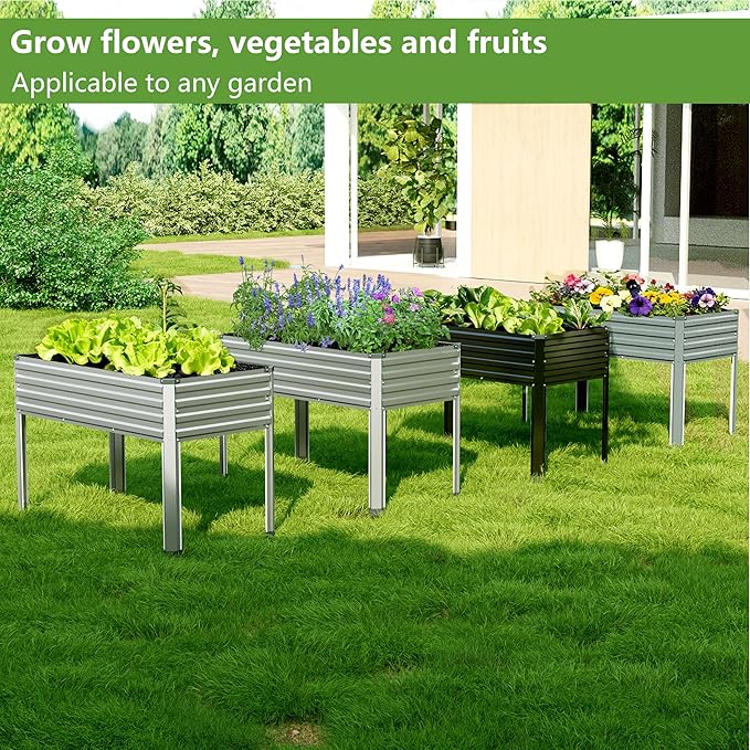 48×24×30in Galvanized Raised Garden Bed,Metal Elevated Planter Box with Legs for Patio,Balcony,Backyard,300lb Capacity,Silver