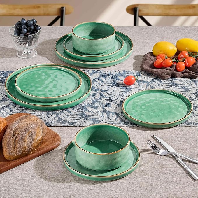 Herogo 12 Pieces Dinnerware Dish Sets for 4, Plates and Bowls Sets for Home Kitchen, Ceramic Dinning Dishes, Dishwasher & Microwave Safe, Gemstone Green