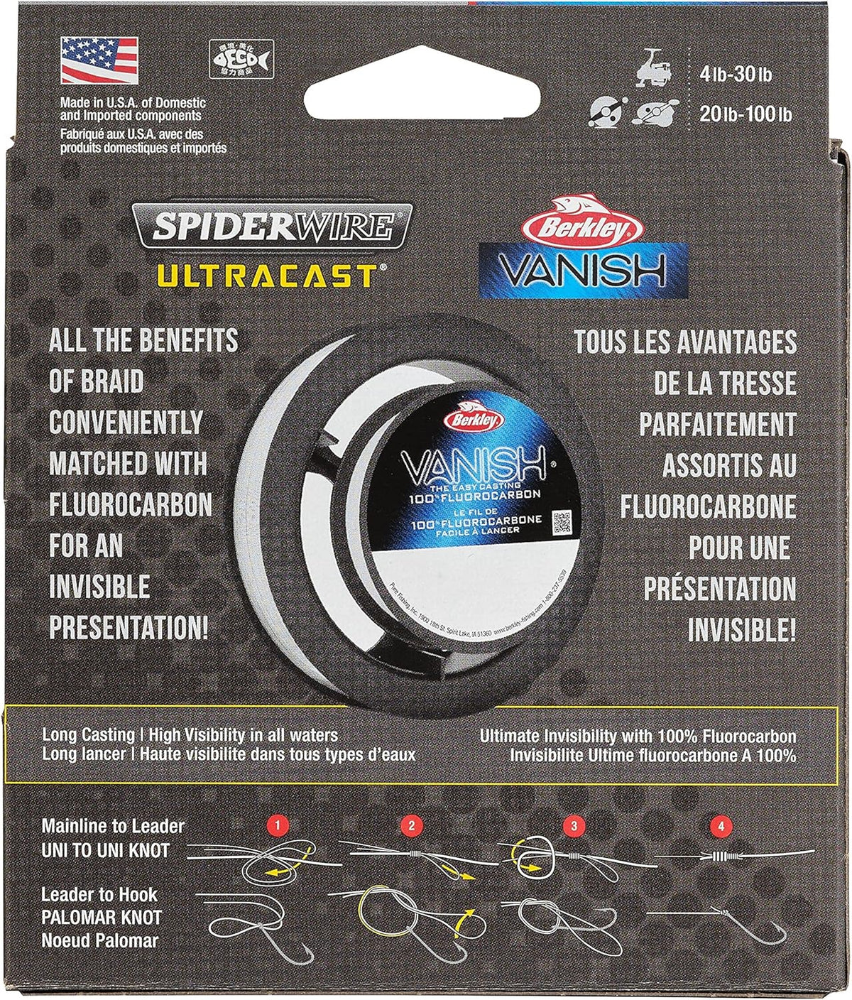 SpiderWire Ultracast Braid Vanish Fluorocarbon Dual Spool, 15lb Aqua Camo Braid with 30lb Clear Fluoro Leader, 164yd | 150m