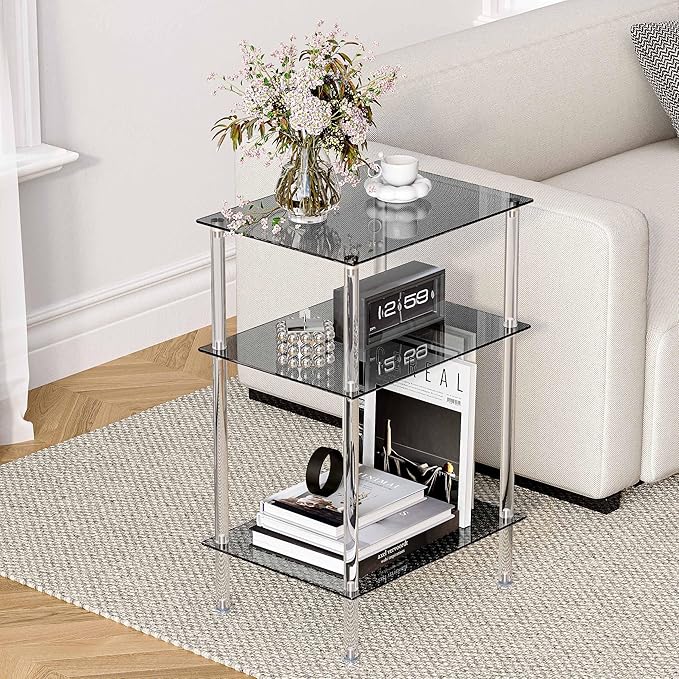 Tempered Glass Side Tables Set of 2 Acrylic End Table with 3 Storage Shelve transparent Bedside simplicity clear 3-Tier Nightstands for small Spaces Office Bedroom Living Room Study black ET-008BK3T