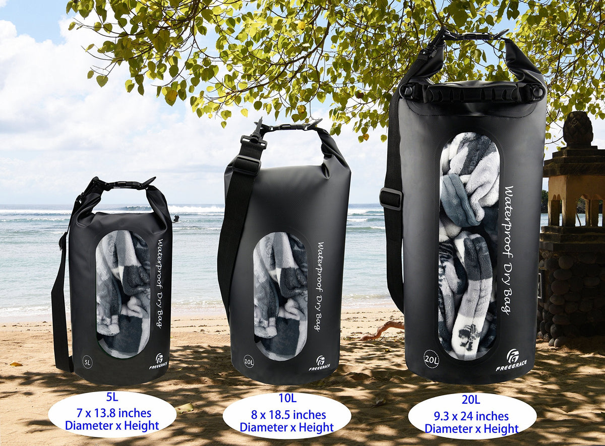 Freegrace Waterproof Dry Bag Set of 3 - Submersible Dry Sack with Double Zip Lock Seals - Includes Waist Pouch & Phone Case - Perfect for Kayaking, Swimming, Boating & Rafting (Black(Window), 5L)