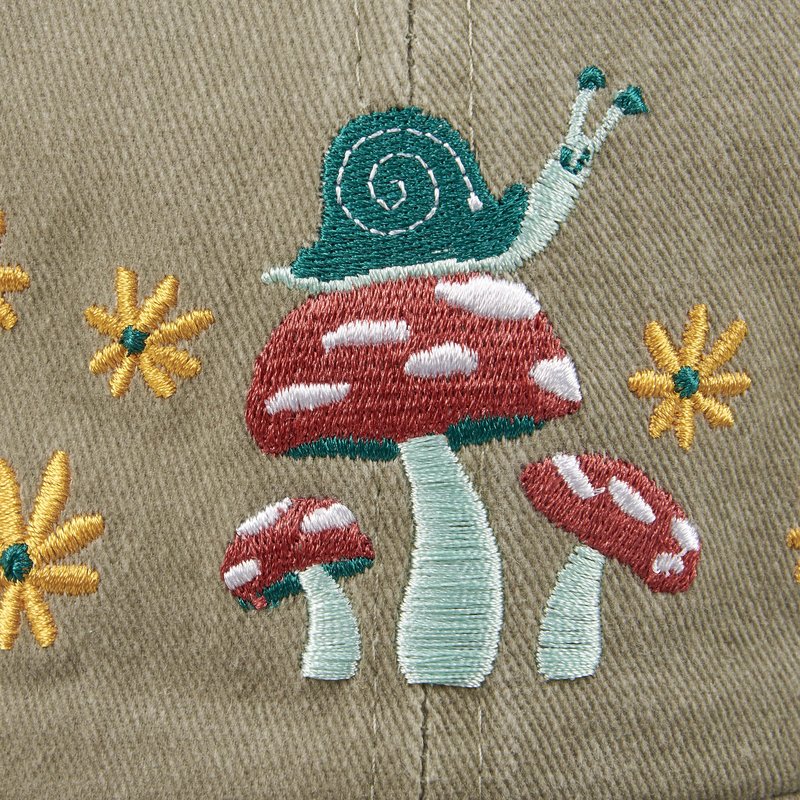 Primitives by Kathy Baseball Cap, Mushrooms Full Color Design, Stonewashed Khaki, Adjustable fit Metal Buckle