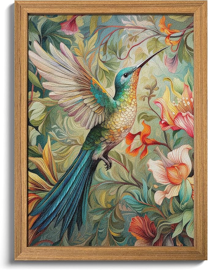 Framed Vintage 3D Textured Wall Art - Colorful Hummingbird Floral Wall Decor - Hand Painted Sandstone Nature Botanical Picture for Living Room Bedroom Home Decor 24x36 inch