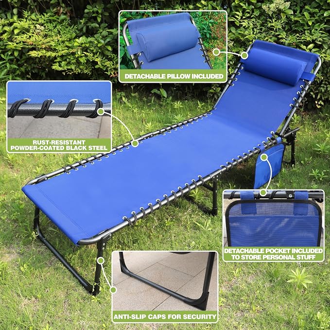MUPATER 4-Fold Patio Chaise Lounge Chair for Outdoor with Detachable Pocket and Pillow, Portable Sun Lounger Recliner for Beach, Camping and Pool, Blue