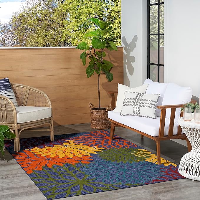 Nourison Home Aloha Indoor-Outdoor Navy Multicolor 5'3" x 7'5" Area Rug, Easy Cleaning, Non Shedding, Bed Room, Living Room, Dining Room, Backyard, Deck, Patio (5x7)