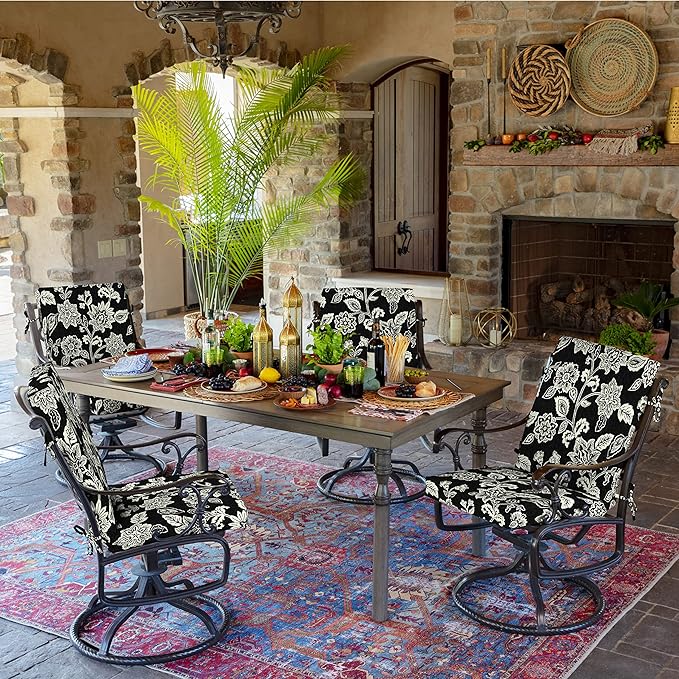 Arden 4-Pack Outdoor Patio Dining Chair Cushion, 20x44, Rain-Proof Seat Pad, Fade-Resistant Outdoor Cushion Ashland Black Jacobean
