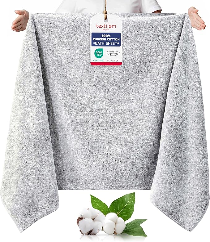 TEXTILOM 100% Turkish Cotton Oversized Luxury Bath Sheets, Jumbo & Extra Large Bath Towels Sheet for Bathroom and Shower with Maximum Softness & Absorbent (40 x 80 inches)- Light Grey