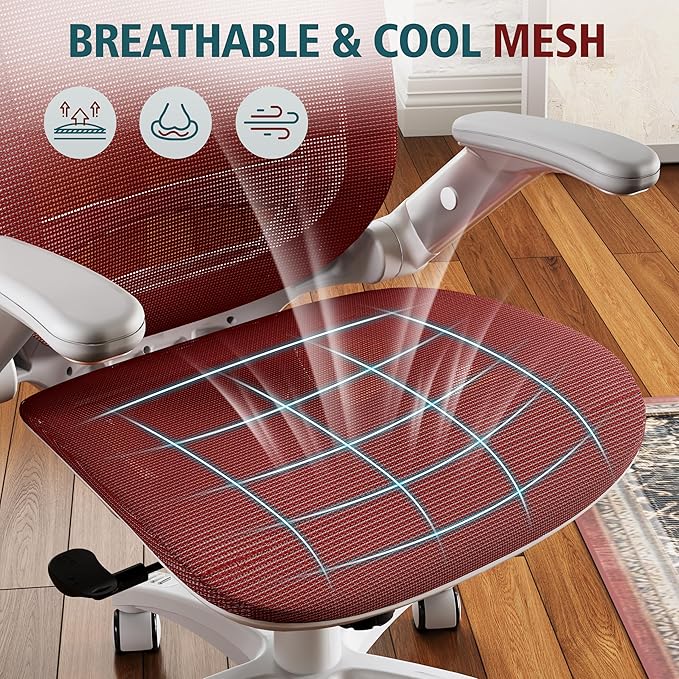 GABRYLLY Ergonomic Office Chair, High Back Home Desk Chair with Headrest, Flip-Up Arms, 90-120° Tilt Lock and Wide Cushion, 300LBS Mesh Chairs for Man Woman, White Task Chair(Red,GY01WR)