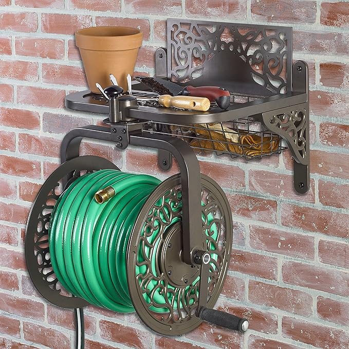 Liberty Garden 714 Decorative Cast Aluminum Navigator Rotating Garden Hose Reel, Holds 125-Feet of 5/8-Inch Hose - Bronze